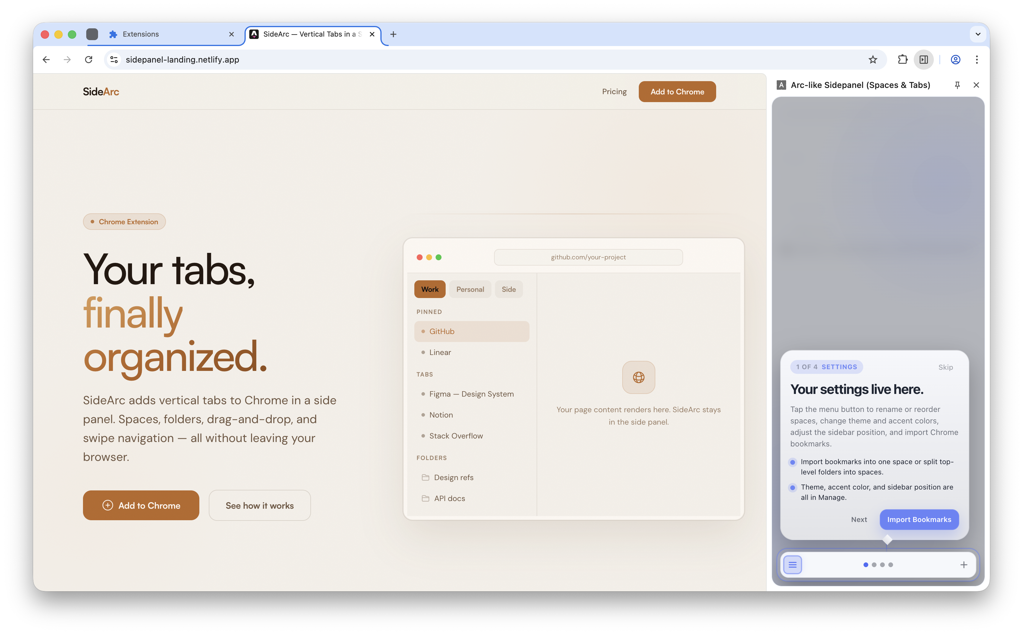 SideArc landing page next to the Chrome side panel