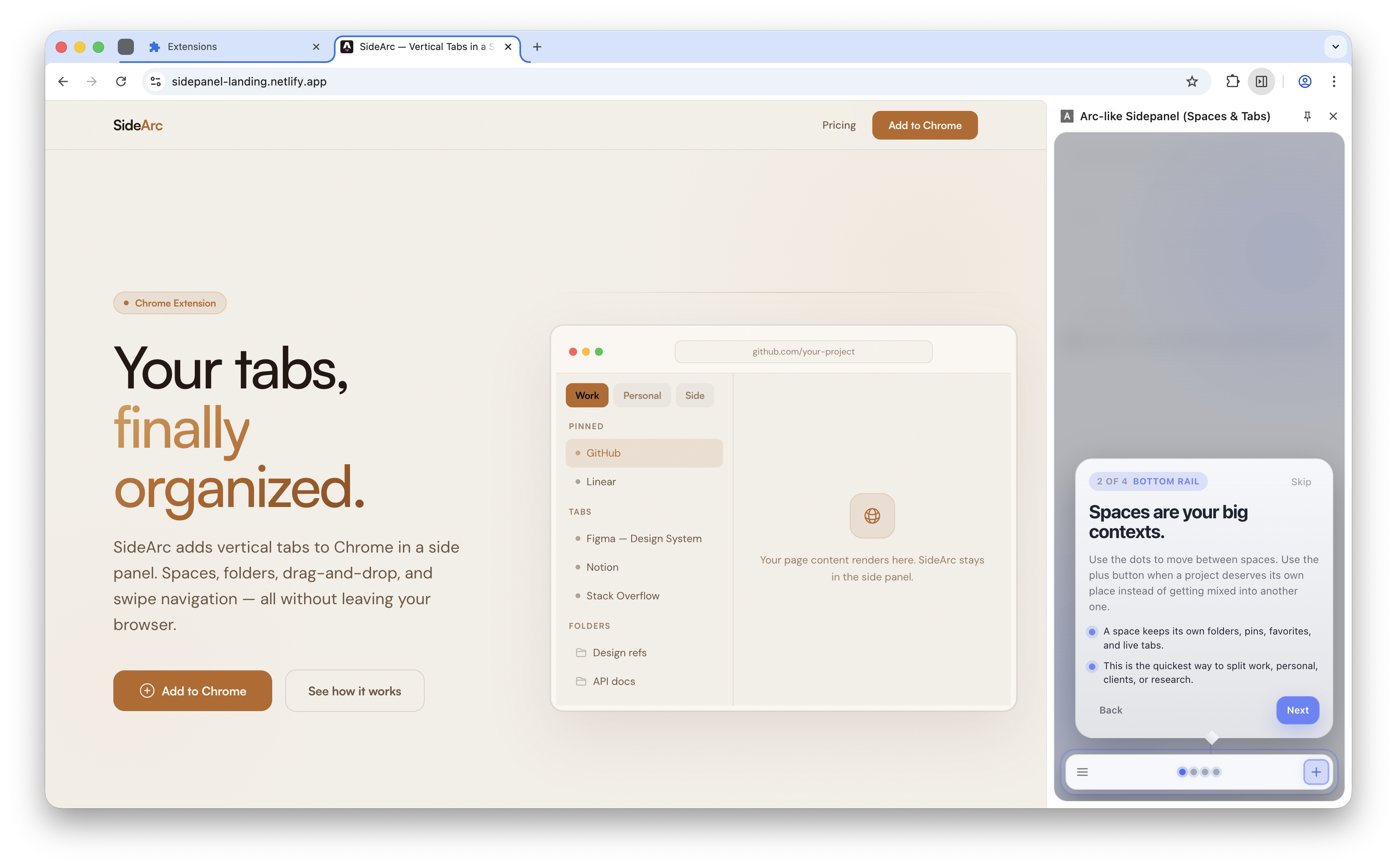 SideArc onboarding for spaces in the side panel