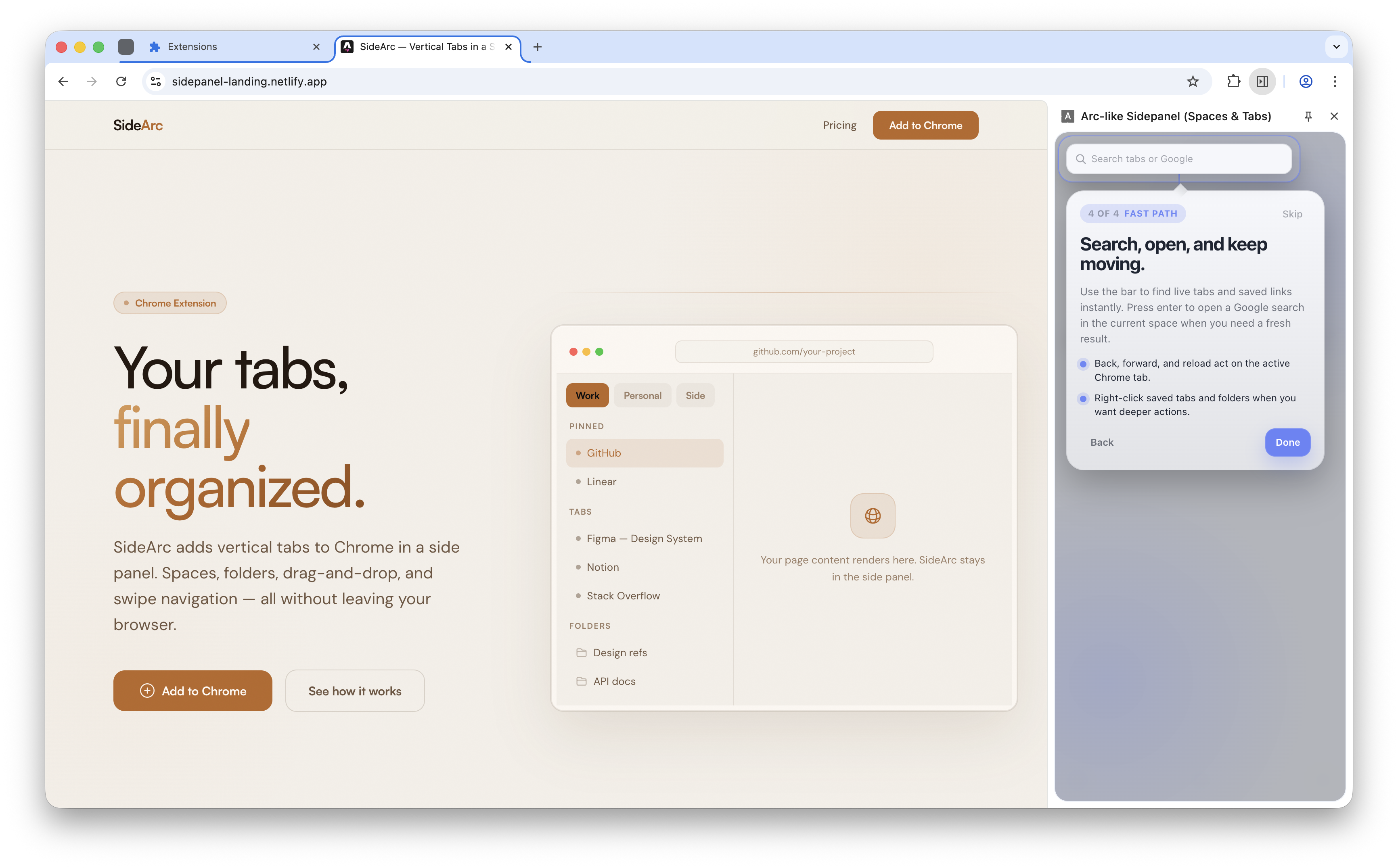 SideArc vertical tabs and side panel in Chrome