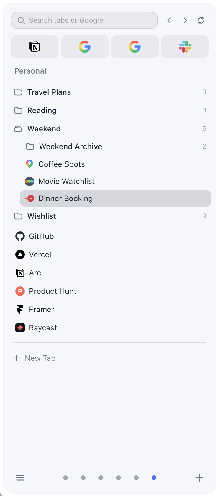 SideArc light theme sidebar with folders and saved tabs